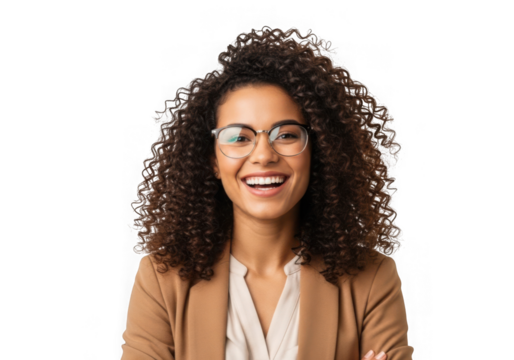 Smiling business woman with curly hair wearing glasses and a blazer portrait photo, happy and cheerful, isolated on transparent background