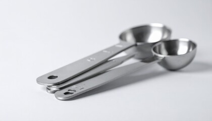 Minimalist studio photograph of stainless steel measuring spoons culinary utensil and kitchenware