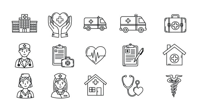 A comprehensive set of medical and healthcare line icons, featuring hospital, doctor, ambulance, and cardiology symbols for graphic design.