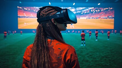 Woman with VR headset standing on field with virtual soccer players surrounding for future technology metaverse gaming and innovative digital entertainment immersive concept  - Powered by Adobe