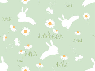 Seamless pattern with bunny rabbit cartoons, butterflies and daisy flower on green grass background vector.