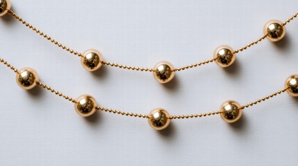 Obraz premium Gold Bead Chain on White Background – Shiny Metallic Jewelry Detail in Minimalist Composition