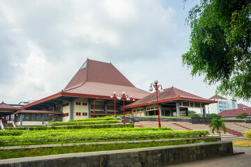 Grha Sabha Pramana building, The auditorium of Gadjah Mada University features traditional Javanese Joglo architecture. UGM is one of the leading universities in Indonesia, located in Yogyakarta.