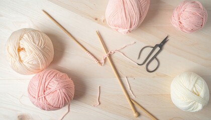 Pastel knitting supplies photo flat lay for handmade hobby blog cozy domestic lifestyle