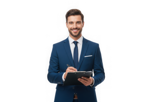Professional businessman writing on clipboard in blue suit portrait smiling executive manager isolated on transparent background