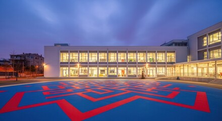 Modern School Building with Blue and Red Playground at Dusk, Featuring Large Windows and Geometric Patterns for Educational and Architectural Projects