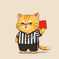 Orange cat referee flashes a red card with cheeky confidence, tongue out, set against a beige backdrop.