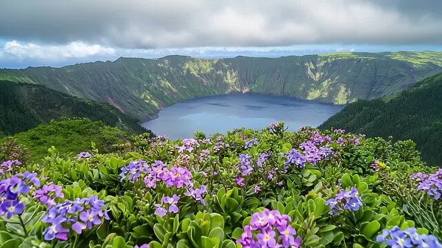Colorful flowers bloom on a mountain overlooking a caldera lake.