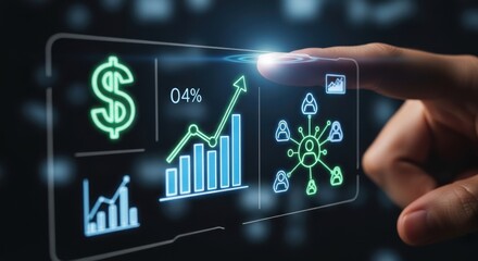 Finger Interacting with Futuristic Digital Financial Growth Dashboard