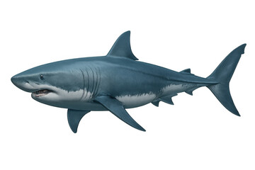 Obraz premium Powerful great white shark swimming, detailed 3d rendering showcasing marine predator's sleek form against clear background