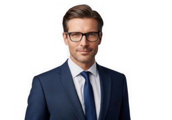 Professional businessman wearing glasses and a suit posing for a portrait photo shoot stock photo isolated on transparent background