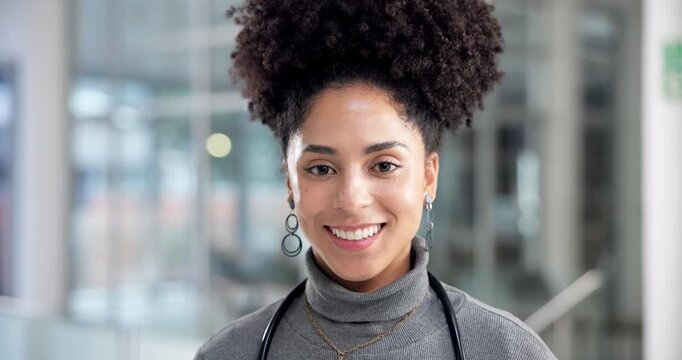 Doctor, face or woman with smile in hospital for medical service, health support or medicare pride. Cardiologist, african person or happy in clinic for healthcare work, about us or proud professional