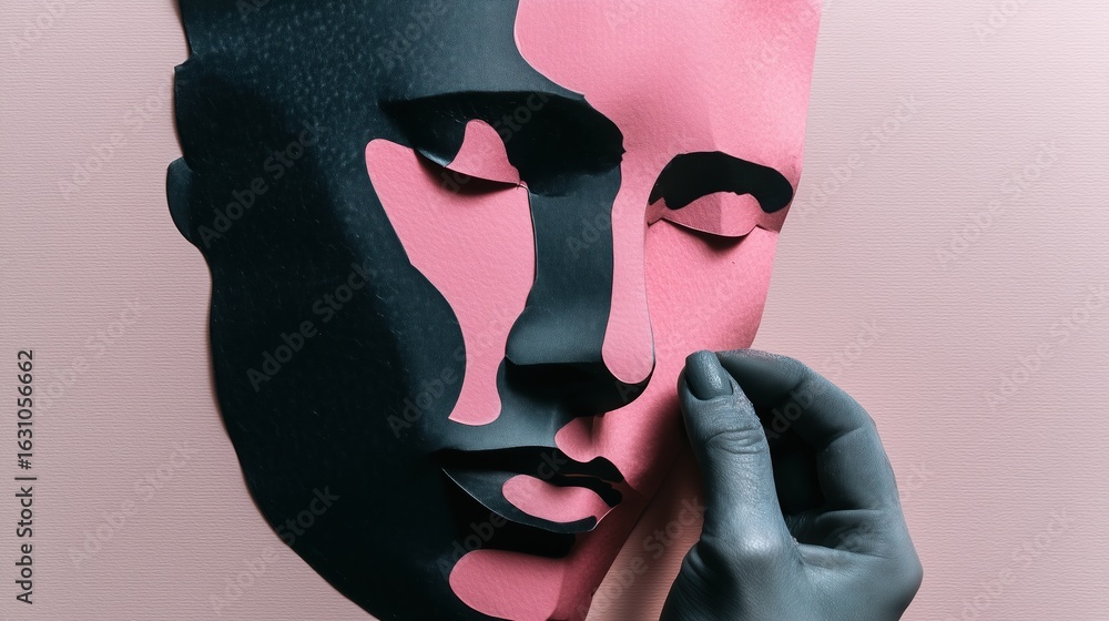Poster artistic representation of a face with contrasting colors and textures.