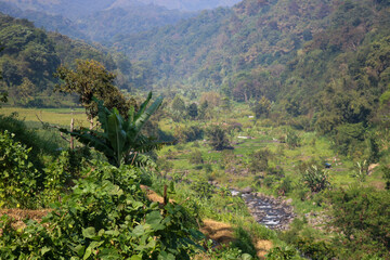 Terraced rice fields stretch across rolling hills, with a winding river and distant trees.