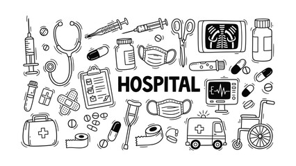 Vector set of hand-drawn hospital equipment and medical symbols in a black and white doodle illustration.