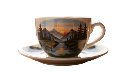 Serene mountain landscape painted on a coffee cup, bringing nature's beauty to your morning routine