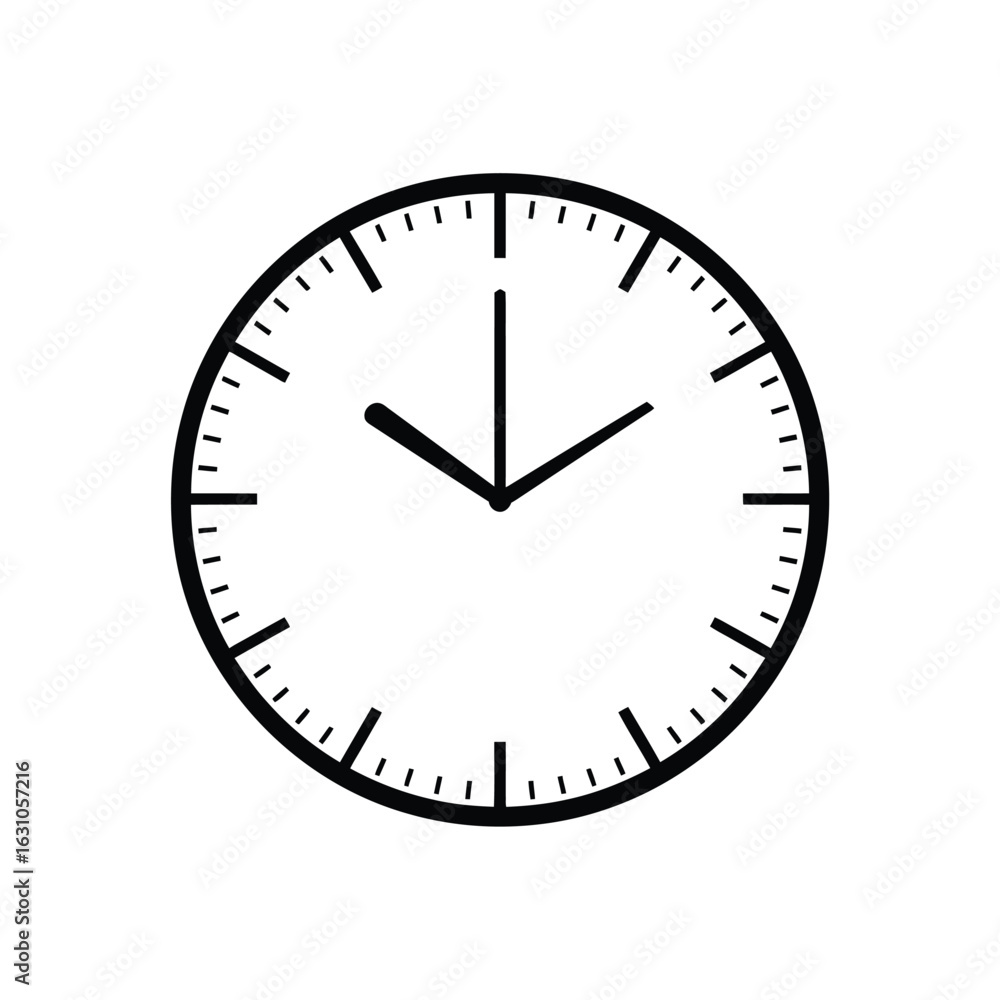 Poster black clock face round shape with minute and hour hands on transparent background