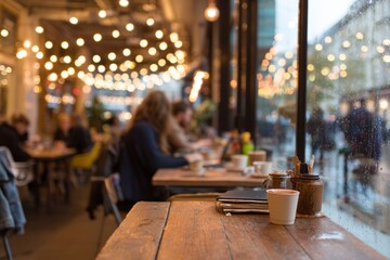 A coworking cafe in London during a rainy afternoon with soft lights and wood tables Freelancers are working quietly with coffee cups and notebooks spread out, Generative AI 