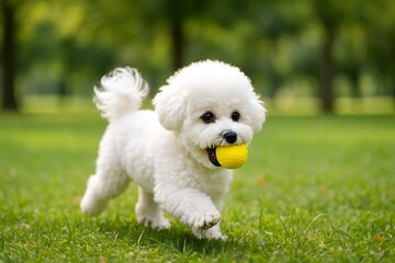 Playful White Bichon Puppy Fetching Ball Outdoors in the Park