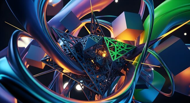 Futuristic Abstract Geometric Core with Iridescent Ribbons and Floating Cubes – AI-generated Image

 - Powered by Adobe