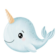 Watercolor Cute narwhal. Under the sea.