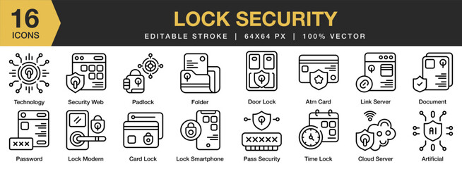 Lock Security icon set. Editable Stroke Icon Collection. Includes lock, privacy, safety, safe, security, and More. Outline icons vector collection.