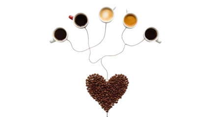 Coffee love concept with heart shape made of beans connected to cups, a caffeine connection
