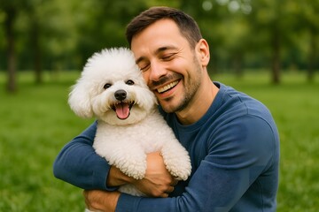Cheerful Man and Playful Poodle Enjoying Outdoors in Happy Pet Portrait