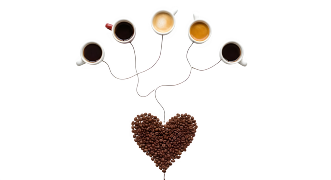 Coffee love concept with heart shape made of beans connected to cups, a caffeine connection