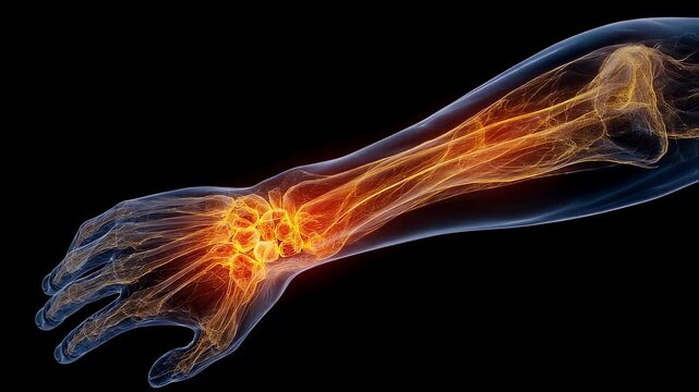 Side view anatomical rendering highlighting fiery orange burning sensation around extensor tendon origin on elbow associated with epicondylitis.