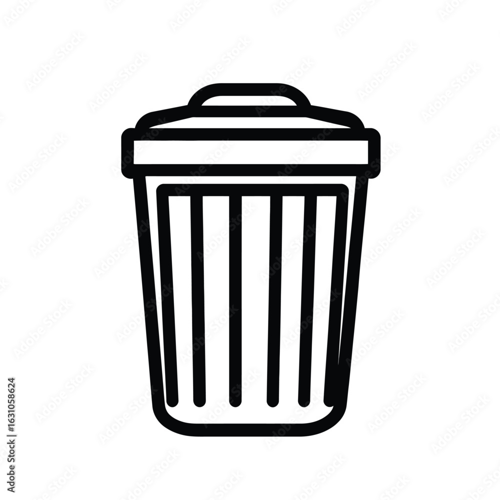 Poster black line icon of trash can with lid on transparent background design