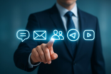 Businessman touching social media and communication icons