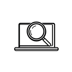 Black Outline Design Laptop with Magnifying Glass on Transparent Background