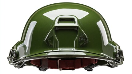 Olive-green military helmet, rear view, glossy finish, showing nape strap and attachment points for accessories