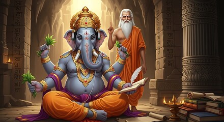 Spiritual wisdom revealed by Lord Ganesha in ancient temple with sage