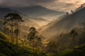Lush tea plantation valley at sunrise