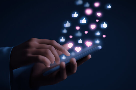 A person typing on their phone with icons of thumbs up, likes, and hearts floating above the screen in an animated style., - Powered by Adobe