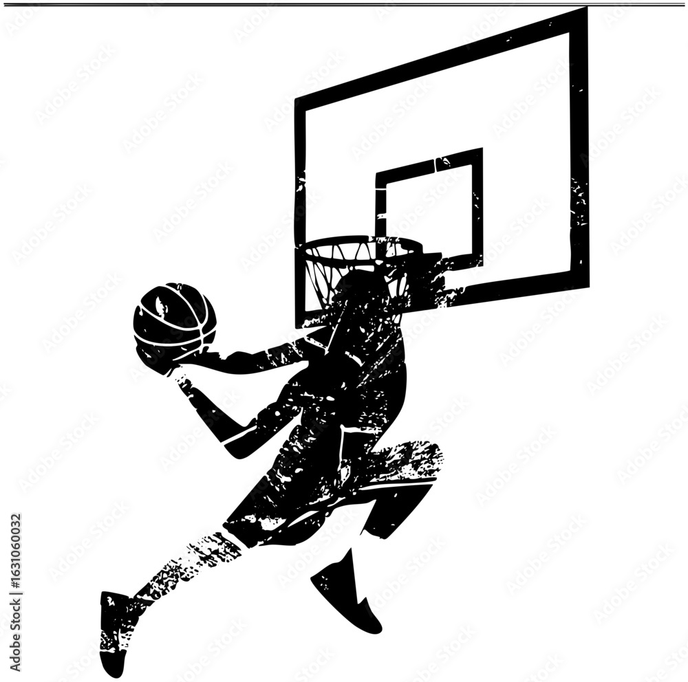 Poster vector dynamic basketball player performs a slam dunk.