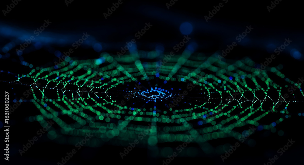 Poster a glowing green and blue network of interconnected dots against a dark background in a circular patt