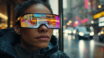 woman wearing smart augmented reality glasses stands with focus for futuristic urban setting rainy city neon signs cars colorful digital interfaces technology innovation concept - Powered by Adobe