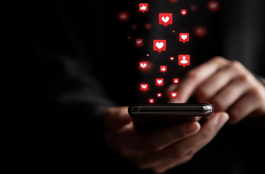 A person typing on their phone with icons of thumbs up, likes, and hearts floating above the screen in an animated style.,