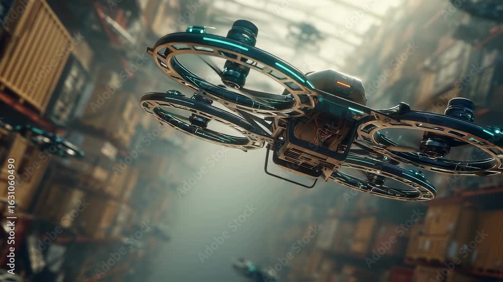 Aufkleber multiple autonomous delivery drones are navigating a futuristic warehouse, showcasing the automation