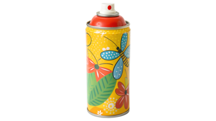 Vibrant yellow spray paint can adorned with colorful butterfly and floral designs isolated on transparent background