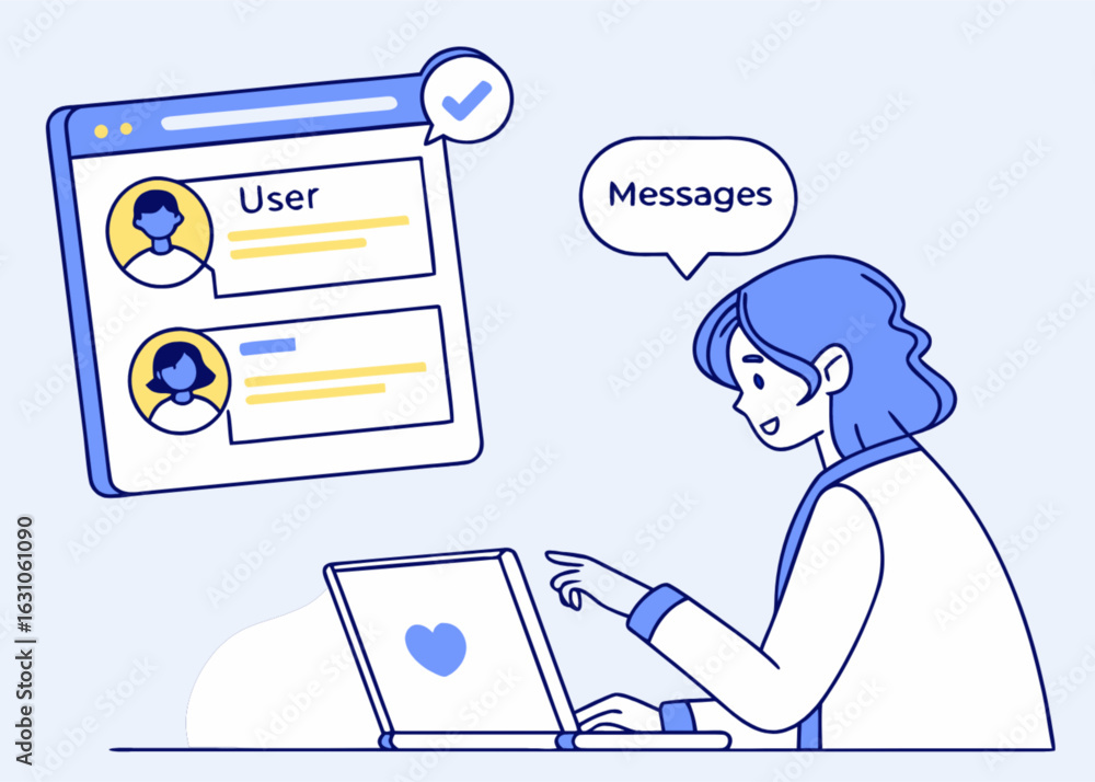 Aufkleber woman using social media messaging app on laptop for online communication and connection with users