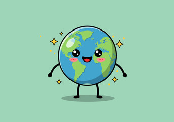 Obraz premium Cute illustration of planet earth, happy and smiling with cheerful eyes, standing and sparking with joy, expressing the beauty of our planet.