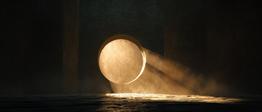 Mystical golden portal in dark wall emitting radiant light, perfect for sci-fi concept art, fantasy game backdrop, or enigmatic event promotion