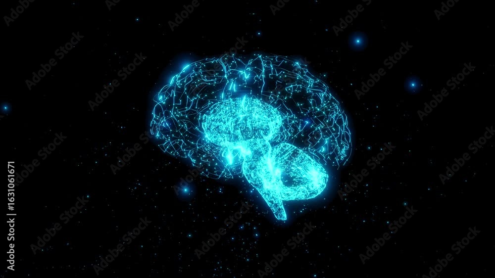 Poster brain digital blue color. neuron connections. futuristic medical technology concept. animation revol