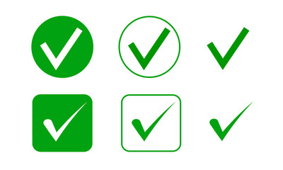 Check mark icons. Check marks symbol, logo. Green checkmark Illustration with rounded box. Tick on circle Vector.  