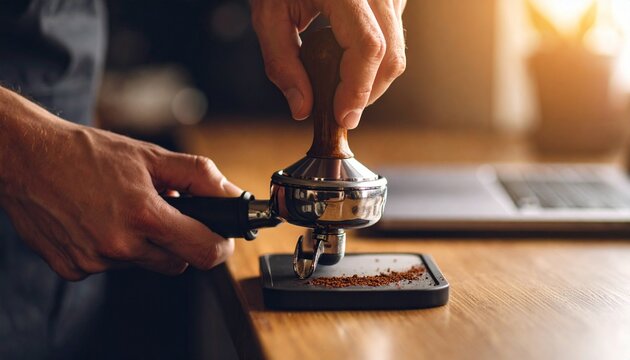 Barista Tamping Freshly Ground Beans into a Portafilter for Espresso Extraction on a Wooden .