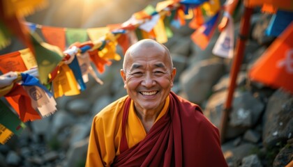 Happy guru blessing concept. A smiling monk surrounded by colorful prayer flags in a serene setting.